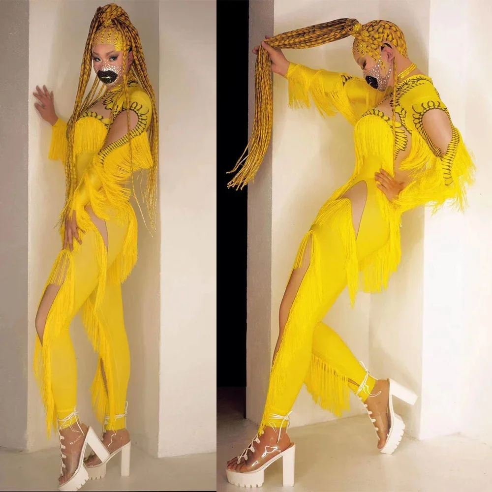 Long Sleeve Hollow Out Yellow Print Women Tassel Jumpsuits Tight Stretch Drag Queen Outfit Performance Costume Ladies Nightclub