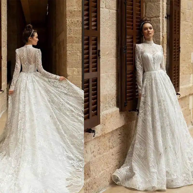 

Современные свадебные платья трапециевидной формы с аппликациями и длинными рукавами, вышивкой, кружевом на сетке, платье принцессы на заказ