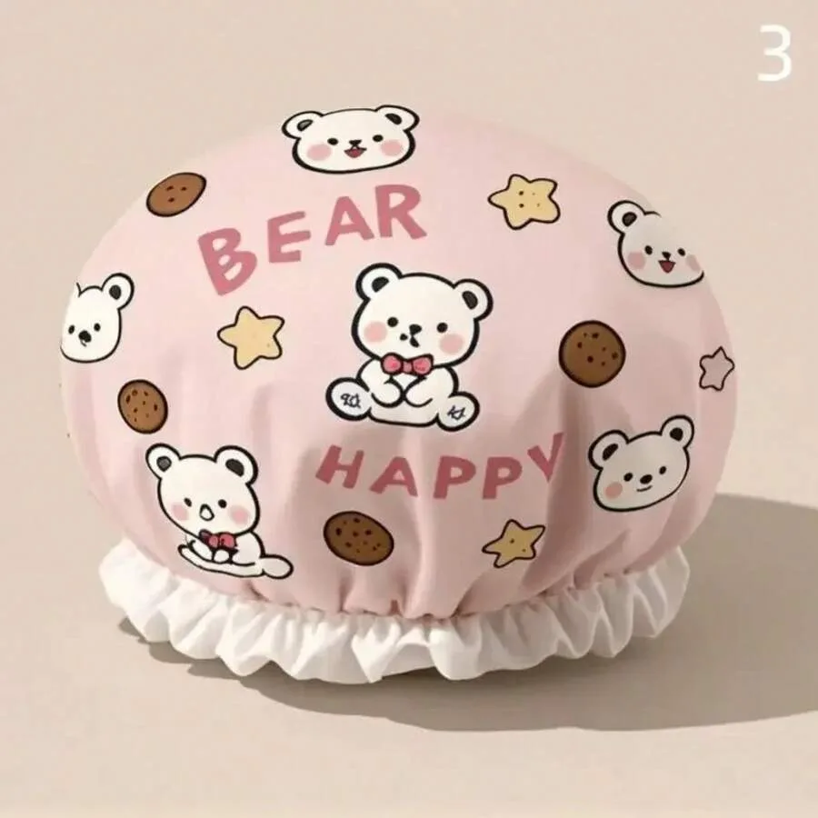 

1Pcs Women Shower Cap Waterproof Wide Elastic Band Reusable Bathroom Cup Cartoon Cat Bear Dog Shower Hat Bathroom Accessories