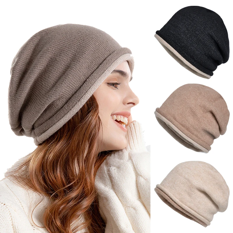 

Warm Knitted Beanies Hat for Women Double Rolled Color Matching Heap Heap Cap Autumn Winter Ear Protection Thicken Woolen Bonnet