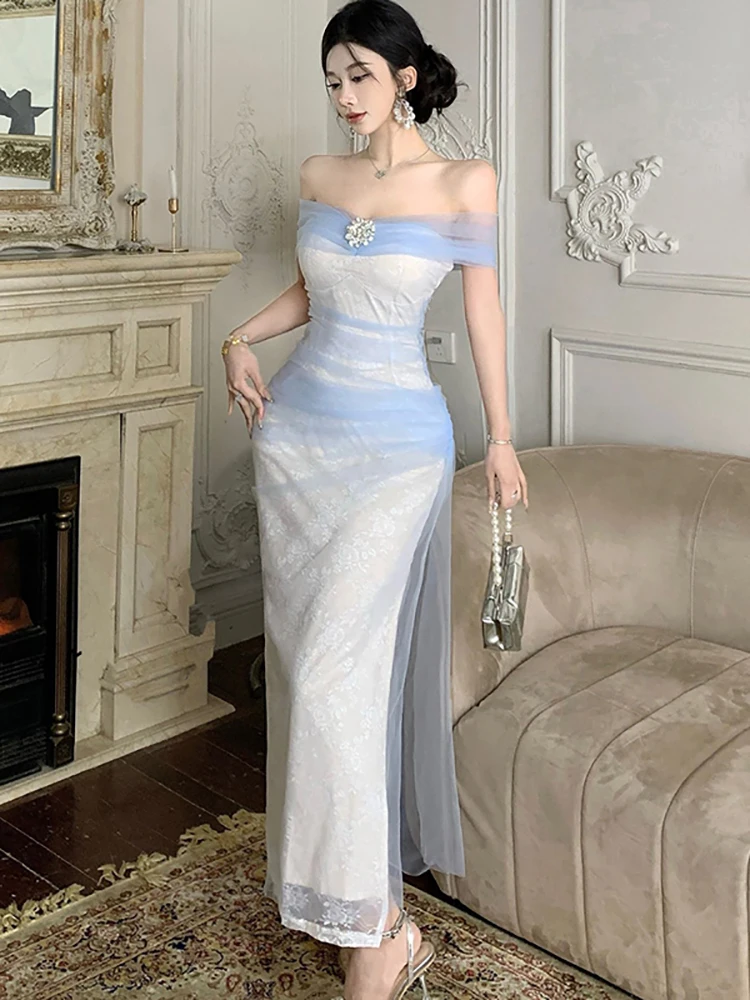 الصيف الأبيض الجاكار المرقعة شبكة فستان طويل المرأة أنيقة شيك الصدر التفاف فستان مثير 2025 الكورية Bodycon فستان المهرجان #4