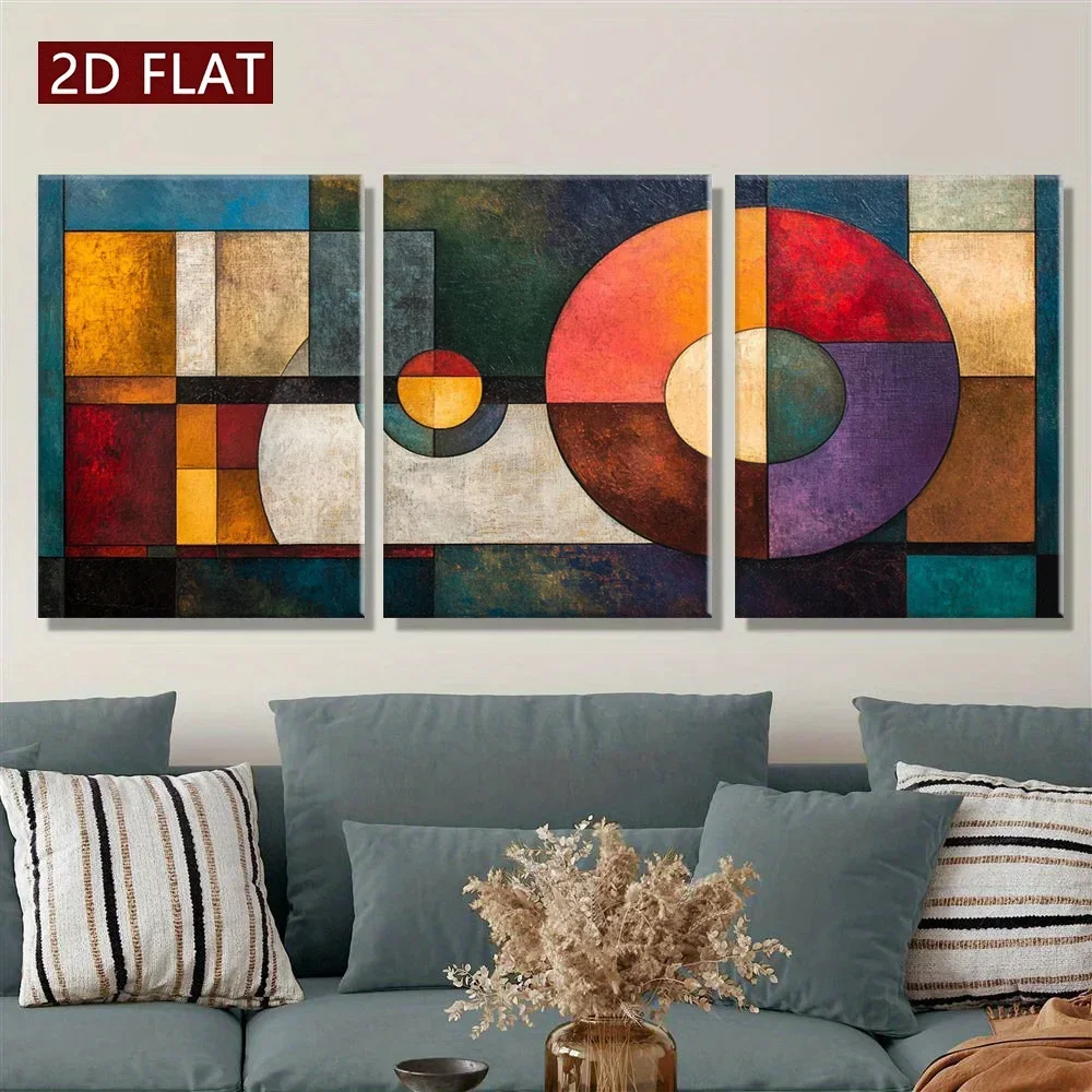 2D Flat, 3pcs Modern Abstract Framed Wall Art Posters - Vertical Geometric Colorful Minimalist Paintings Suitable for Living