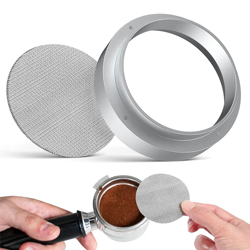 A61T-51mm Coffee Dosing Ring, Aluminum Coffee Dosing Ring with Puck Screen, Stainless Steel Espresso Sieve for Portafilter