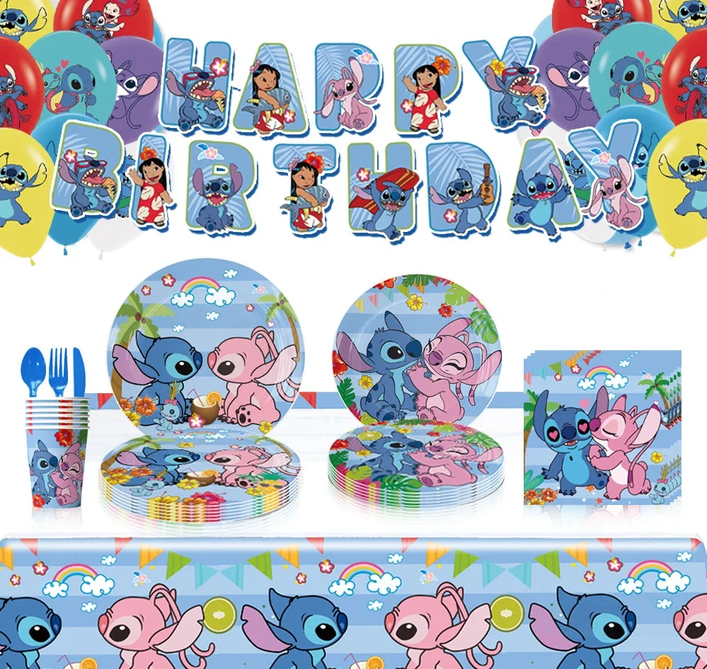 Hot Cartoon Stitch Birthday Party dinnerware Banner Cake Disposable Hanging Flag Lilo & Stitch Balloons Birthday Decoration