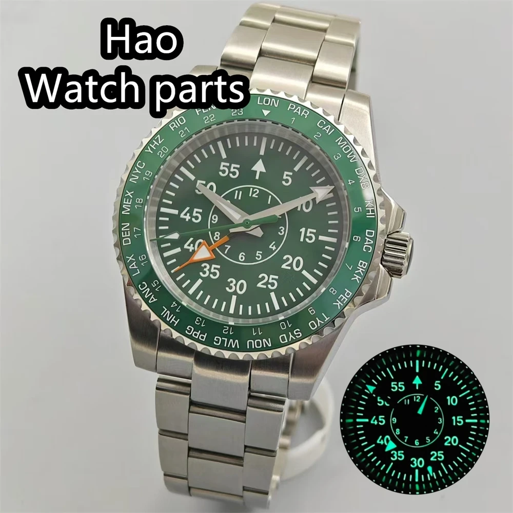 BLIGER 40mm NH34 GMT Mechanical Men's Watch Green Black Blue Dial C3 Green Luminous Sapphire Glass Stainless Steel Bracelet
