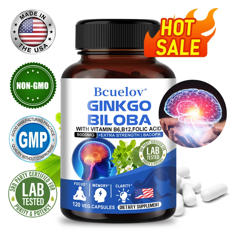 Ginkgo Biloba Extract, Supports Neurotransmitter Production, Focus and Alertness, Relieves Physical Fatigue, 120 Capsules