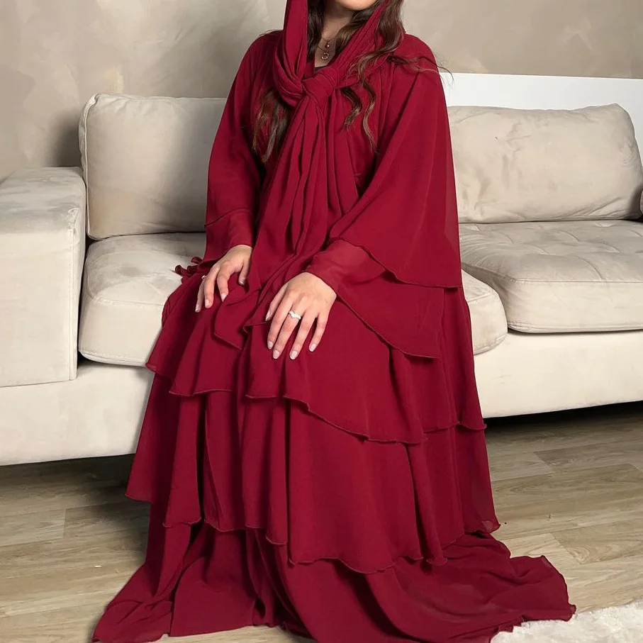 Fashion Women's Wear Dubai Arabic Cardigan Robe Kaftan Chiffon Flowy Dress Abaya Solid Color Ruffles New