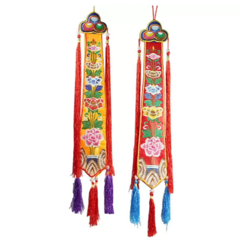 Tibetan Nepalese Embroidered Eight Auspicious Symbols Hand Drum Banner - Buddhist Altar Hanging Flag, Home Buddha Hall Decor - view 4