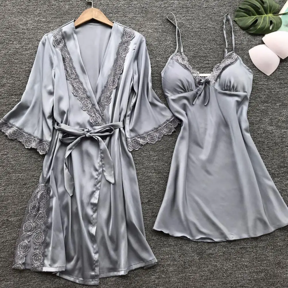 2 Pcs/Set Women Pajama Set Patchwork Bow Decor Lace Trim Nightgown Solid Color Silky Long Sleeve Sleeveless Split Nightdress Set