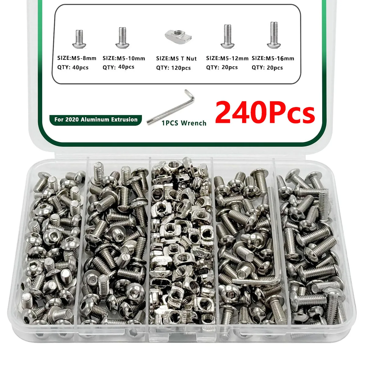 240Pcs M5 T-Nut Screws for 2020 2040 2080 Aluminum Extrusion Includes 120pcs Socket Screws 120pcs Drop-in T-Nuts and Hex Wrench