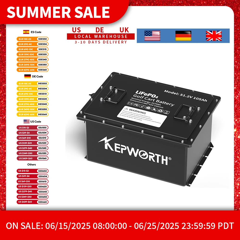 

Аккумуляторы LiFePO4 48 В, 105 Ач для тележки для гольфа, с BMS 200 А, литий-железо-фосфатными элементами класса А, с интеллектуальным монитором батареи