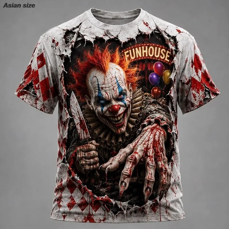 Horror Evil Clown 3D Print Short Sleeve T‑Shirt, Men & Women Summer Casual Breathable Top For Halloween Party Streetwear Apparel