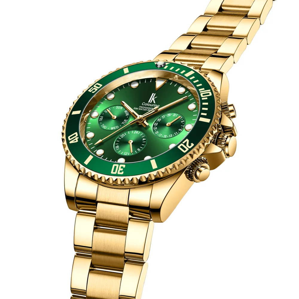 Imagem -05 - Coloração Verde Masculino Dial Relógios Mecânicos Marca Superior Luxo Ouro Aço Inoxidável Multifunções Mão Data Relógios de Pulso ik