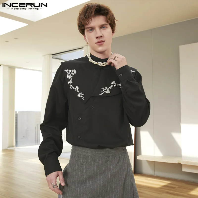 2024 Men\'s Shirt Embroidery Stand Collar Long Sleeve Loose Streetwear Casual Men Clothing Fashion Leisure Camisas S-5XL INCERUN