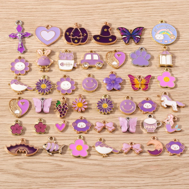 Tusember Mix 30 sztuk emalia Charms fioletowa seria zwierząt serce wisiorki kwiatowe na ręcznie robione akcesoria do wyrobu biżuterii DIY Craft