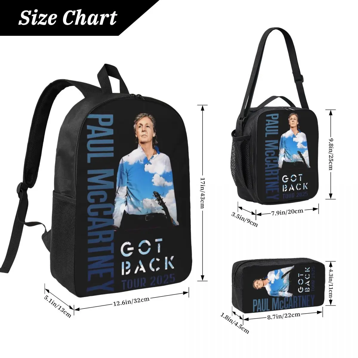 3Pcs Paul McCartney Got Back Tour 2025 Theme School bags Set for Boy Girl Pencil Boxes Backpack Sets with Lunch Box