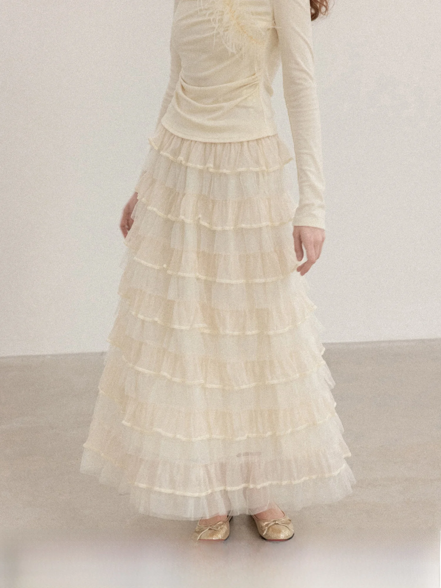 

High Waist A-Line Skirt Soft Comfortable Polyester Fabric Casual Style Women's Spring Fashion Yellowish Net Gauze Cake S...