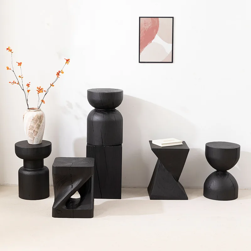 Wabi Sansan black solid wood pier ornament side few hotel log bedside shoe changing stool tree pier wooden stool stool