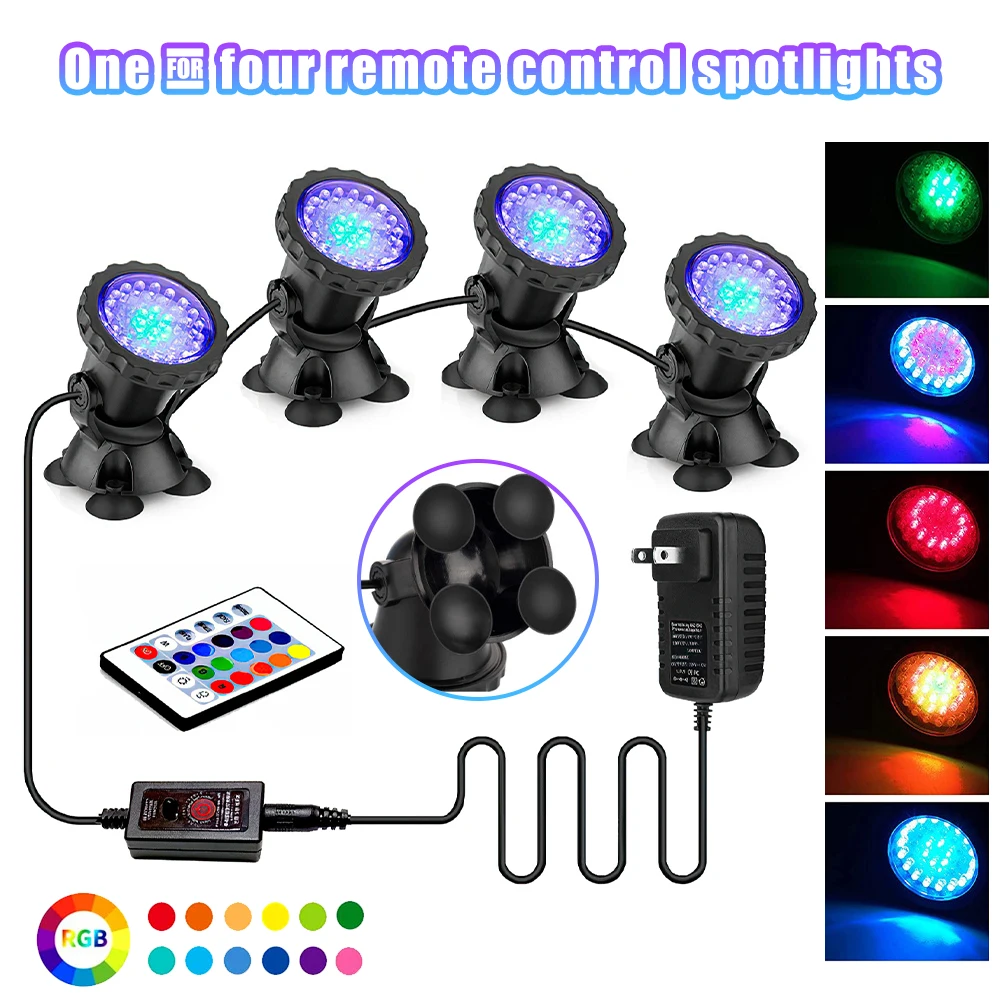 RGB Underwater LED Light Lamps Submersible 36 LED Pond Spot Lights IP68+IR Remote Control Colorful Spotlights for Fountains