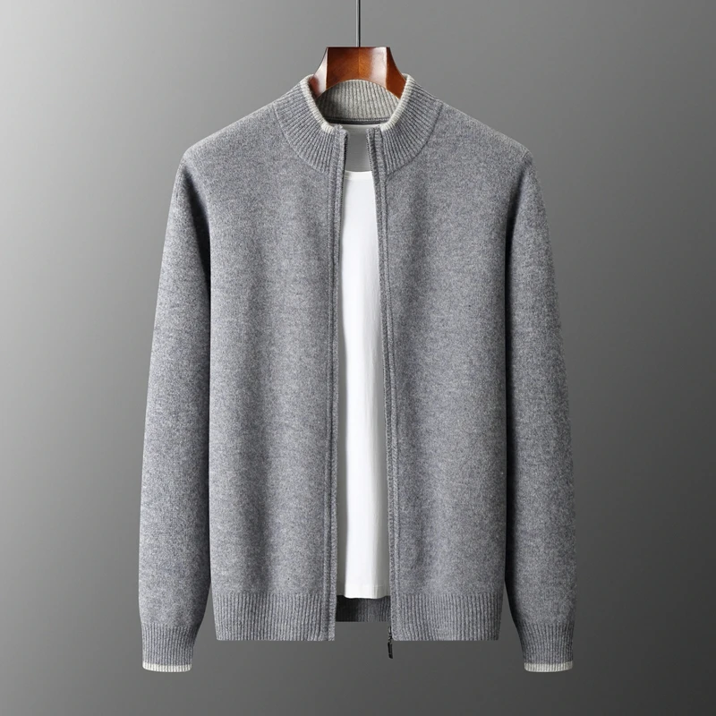 24 autumn and winter new 100% merino wool cardigan men's semi-high collar color matching padded leisure cashmere knitted jacket