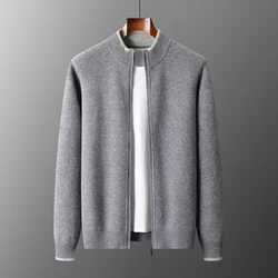 24 autumn and winter new 100% merino wool cardigan men's semi-high collar color matching padded leisure cashmere knitted jacket
