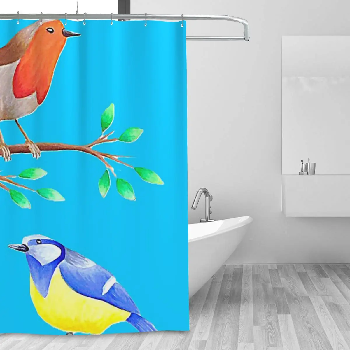 Colourful Birds Design Sky Blue Background Shower Curtain Bathroom Polyester Waterproof Bath Curtains with Hooks