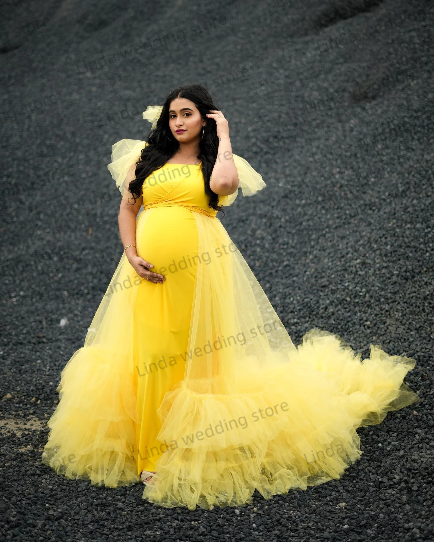 Pretty Yellow Maternity Dresses for Women A line Pregnancy Prom Dresses with Lining Photo Shoot Babyshower Plus Size