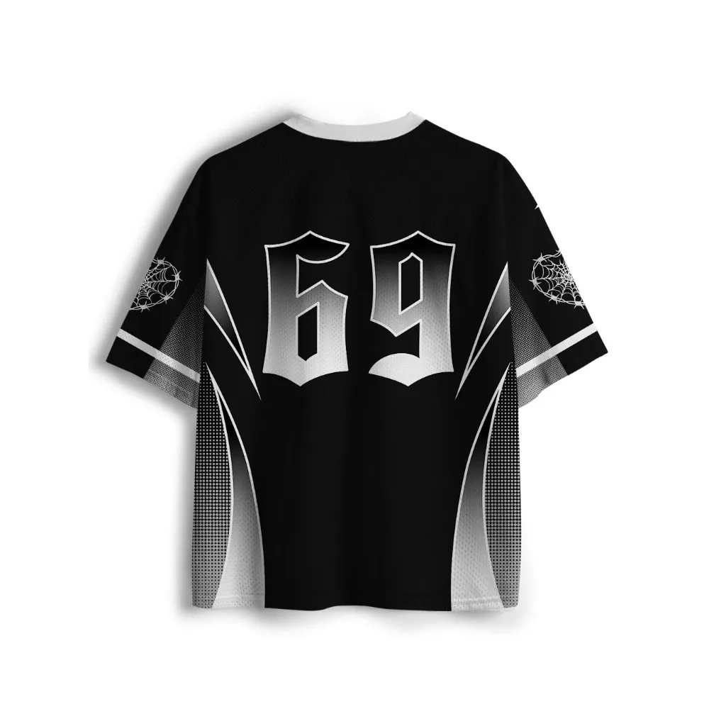 Gothic Football Jersey Vintage Print V‑Neck Short Sleeve Cropped Jersey Y2K Alt Punk Streetwear Harajuku Oversized Sport Tee