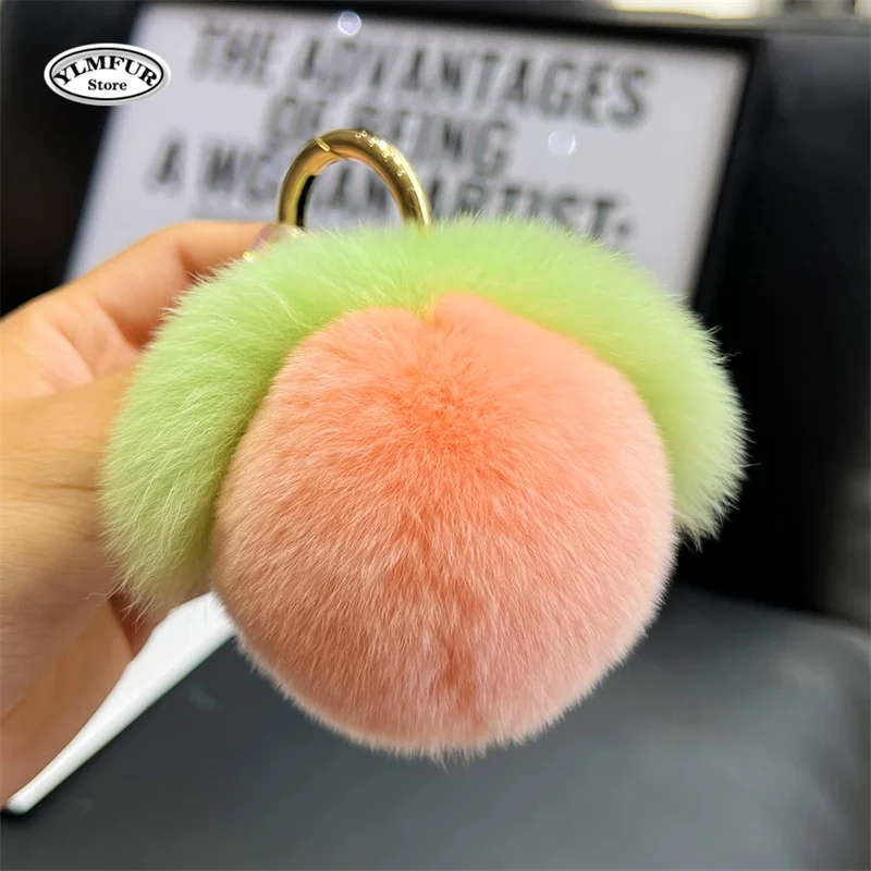 Real Rabbit Hair Mini Cute Furry Peach Keychain Keychains Women Plush Rex Rabbit Fur Car Key Chain Bag Decoration Pendant Gift