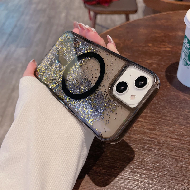 Luxury Magnetic Magnets Quicksand Case Cover for iPhone 15 14 16 Pro Max Glitter Powder Sequins Shell Hard Funda Liquid Carcasas