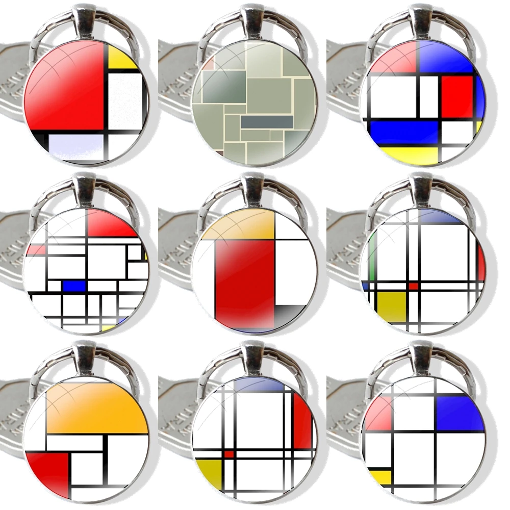 Keychain Handmade Glass Cabochon Key Ring Holder Pendant Key Chains mondrian