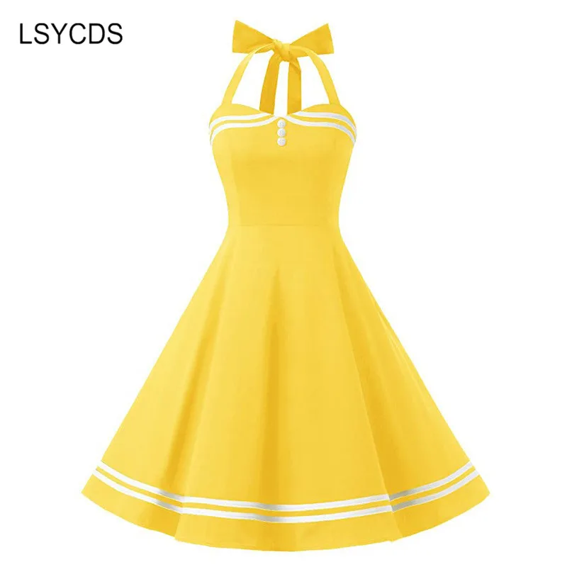 Lsycds bolinhas vestidos vintage para mulher 50s 60s halter pescoço sem mangas vestido mulher midi vestidos a linha vestido de verão novo