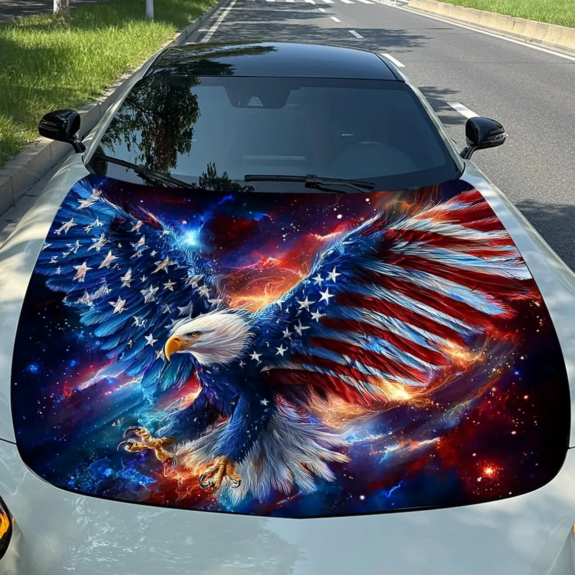 ملصق لاصق لغطاء السيارة على شكل نجمة Spangled Banner Element Eagle - غلاف فينيل متين، مناسب لمعظم المركبات وحماية المحرك وأنيق