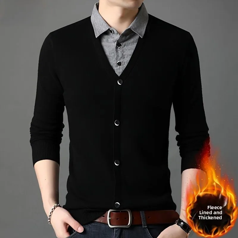 

Thiened Fce Lined Knitted irt Collar Sweater Men's Casual Busin Casual Sle Autumn Winter Season Faion Top