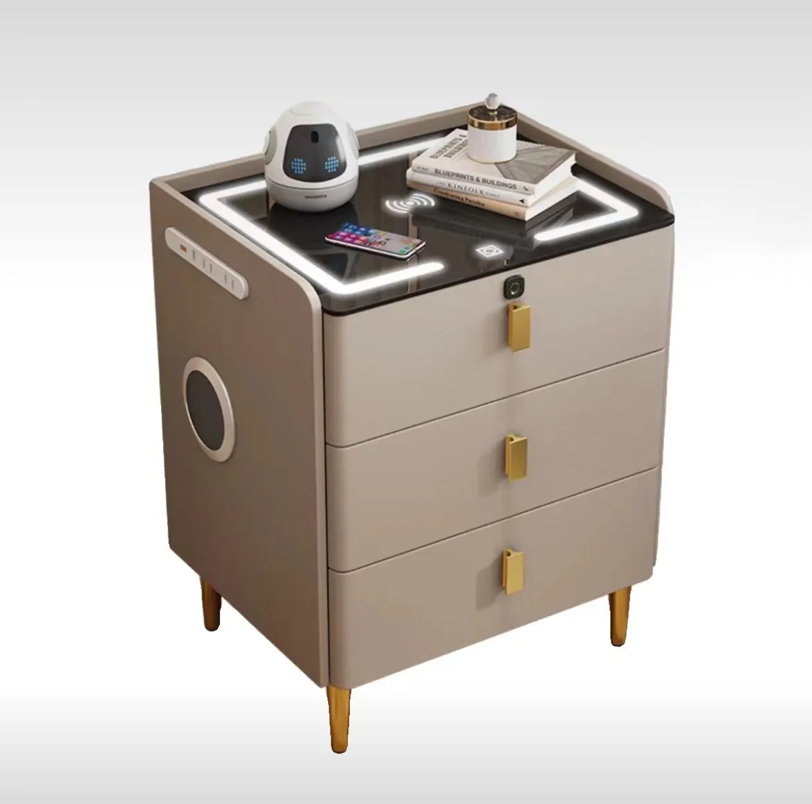 طاولة بجانب السرير الذكية للمشاهير على الإنترنت من الخشب الصلب بالكامل، تخزين بجانب السرير لغرفة النوم المنزلية مع قفل خفيف فاخر وحديث وبسيط