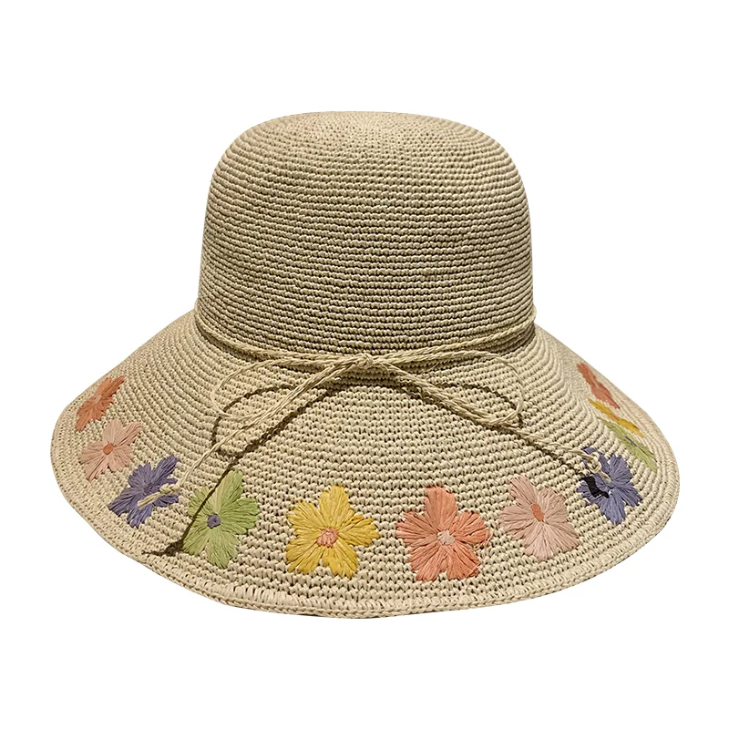 

2025 Fashion Floral Hat Summer Women Raffia Straw Bucket Hat Fisherman Hats Hand Weaving Big Brim Panama Girl Beach Sun Hats