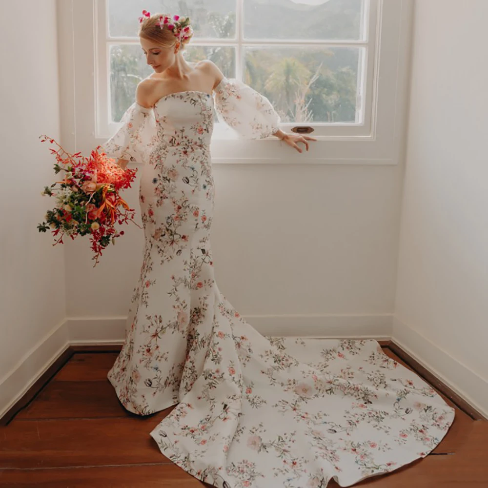 Mermaid Boho Floral Print Blossom Garden Wedding Dress Removable Bubble Sleeves Strapless Spring Flowers Customized Bridal Gown