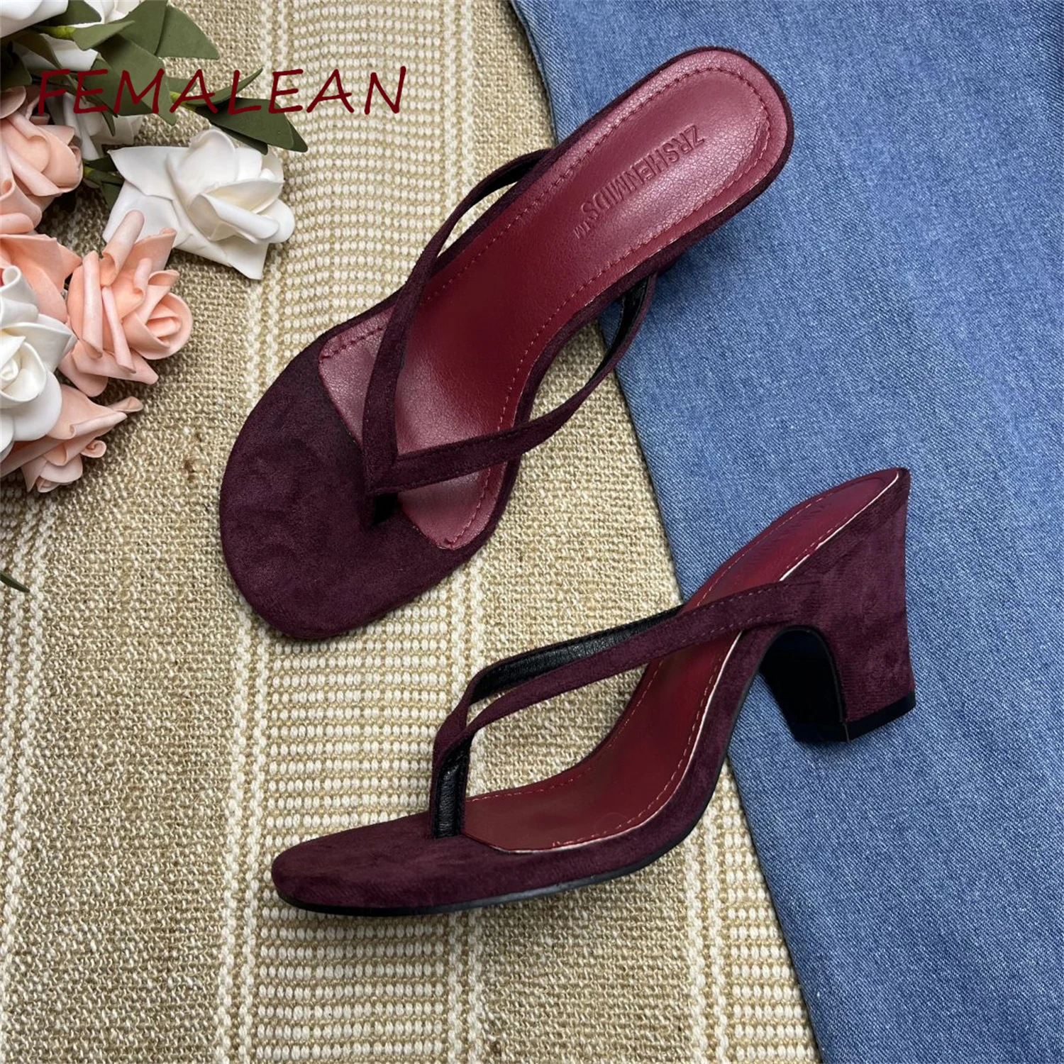 Big Size 42 Flip Flops Burgundy Mule Minimal Shape Round Toe Matte Mid Block Heels Beach Slides Sandal Pumps Shoes For Women