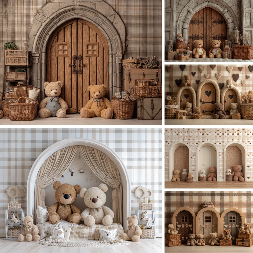 

Cute Arch Wood Door Photography Background Brown Toy Bear Heart Decor Backdrop Kids Girl Portrait Photo Studio Props