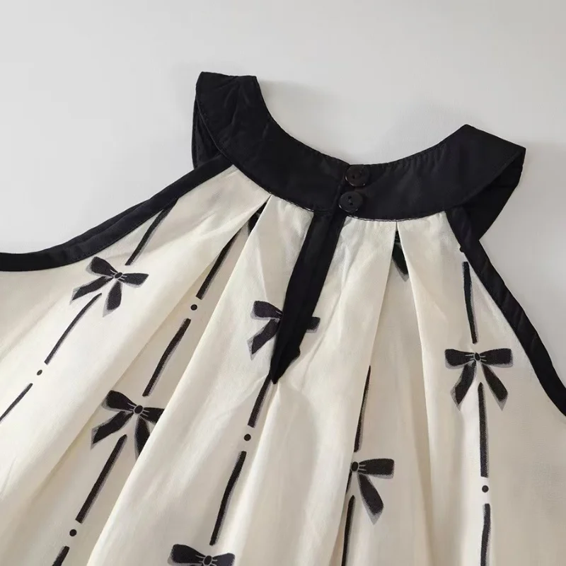 Girl's Pure Cotton Printed Set 2025 Summer New Style Suspenders Children's Hanging Strape Tops Wide Leg Pants Two Piece Set