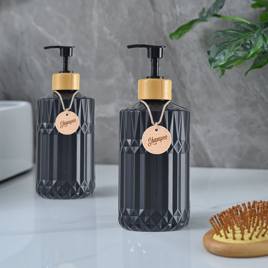 500ML Soap Refillable Bottle Bathroom Kitchen Countertop Soap Liquid Dispenser with Wooden Tag Shampoo Hands Bottle