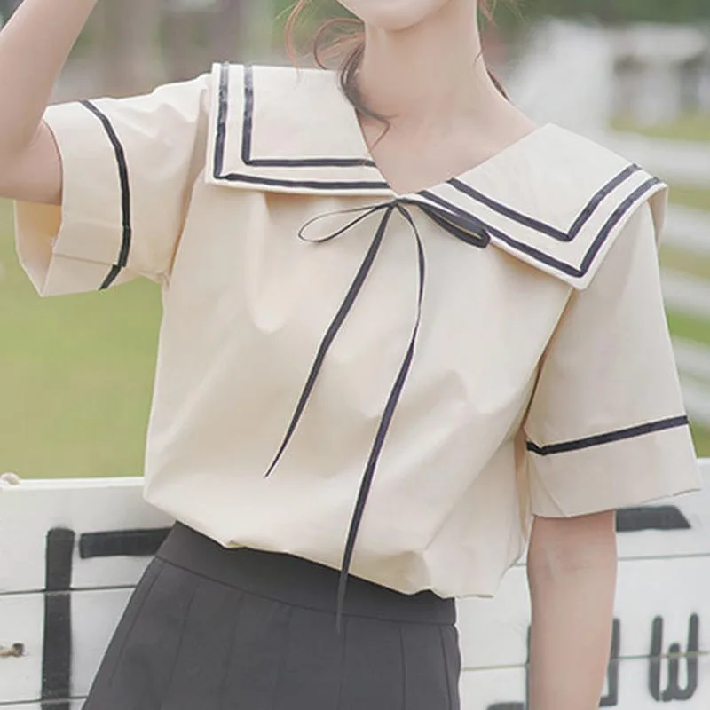 Korean College Sweet White T-Shirt Harajuku Sailor Collar Tops Fashion Japan Student Women Clothes Summer Solid Casual Pullovers