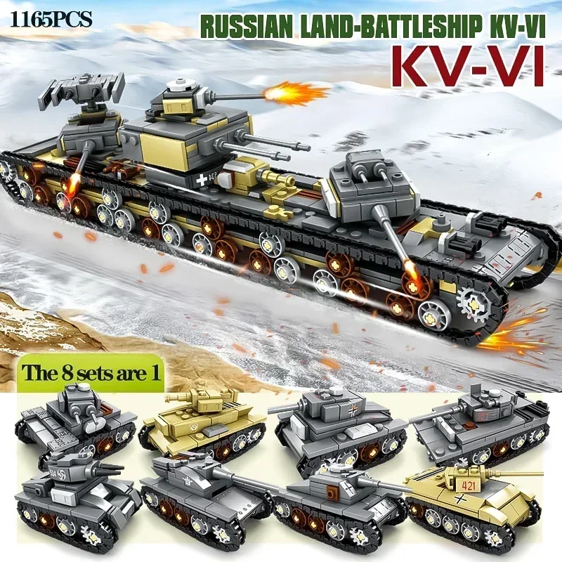 8IN1 Ww2 Military Tanks KV-VI Heavy Tank Russian Land-Battleship KV-VI  Tiger Tank  Education Toys for Boy Christmas Gifts