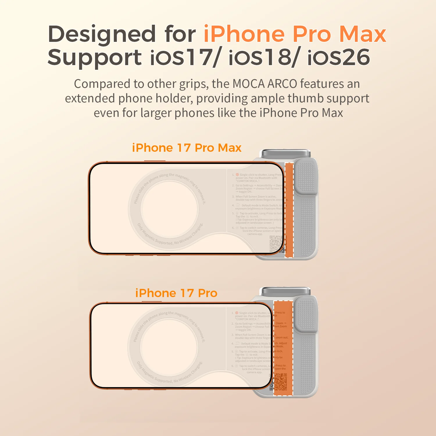 COMITOK MOCA ARCO iPhone Camera Grip with Mirror Series Removable Bluetooth Remote Control Ergonomic Thumb Rest Area Magsafe Compatible with IOS17/18/26 Fun Shot Magnetic Grip for Phone Compact for Travel Photography Vlogging view 5