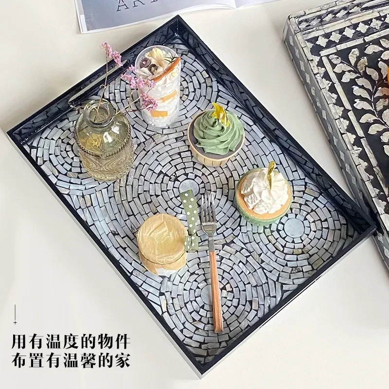 Storage Tray Shell Square Light Luxury Black Plate Restaurant Living Room Bathroom Cosmetics Afternoon Tea Tray Home Decoration
