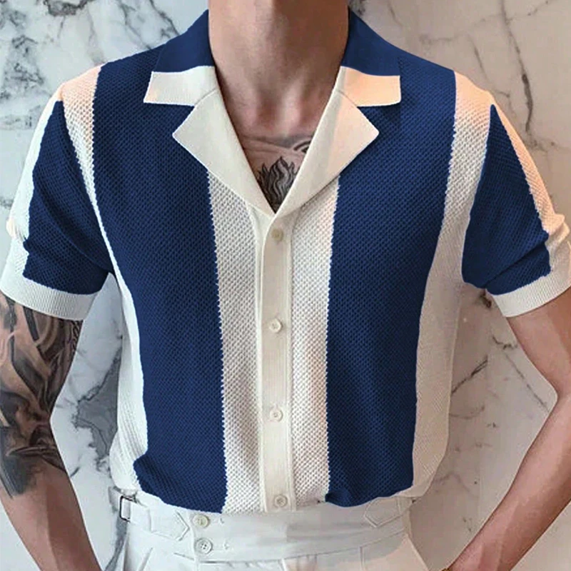 Knitwear Mens Slim Knit Shirts Vintage Striped Contrast Color Knitted Cardigan Men Tops Summer Short Sleeve Button Lapel Shirt