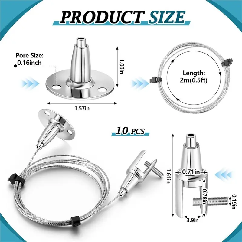 AA81-20 Pcs 6.5 Ft Ceiling Sign Hanger Picture Rail Hanging Suspension Wire Acrylic Board Display Metal Clamp