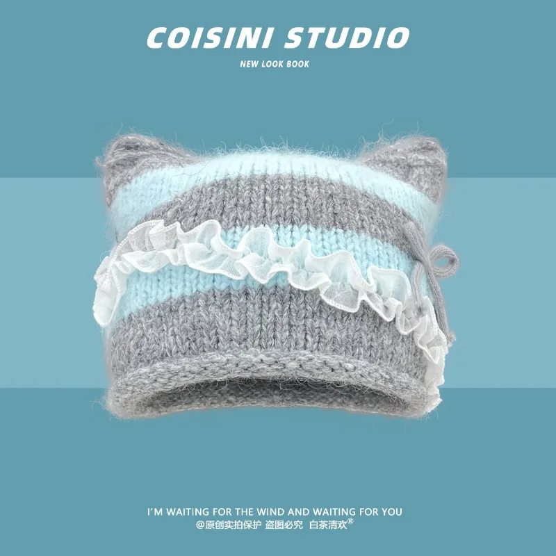 Koreanische Ins Süße Strickmütze mit Katzenohren und gestreiftem Spitzenrand für Damen, Herbst/Winter, Y2K, warme und modische Skull-Beanie-Mützen – Detail 2