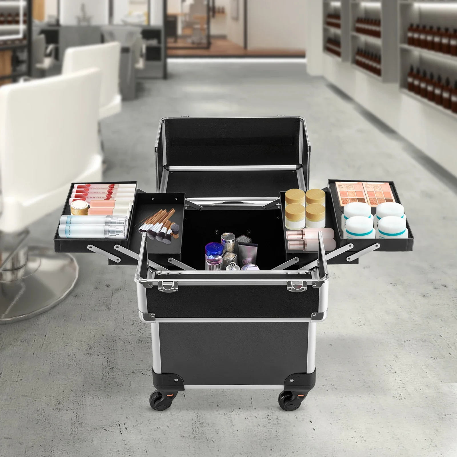 

Cosmetic Trolley Rolling Foldable Makeup Trunk Train Salon Barber Travel Trunk Box Swivel Wheels