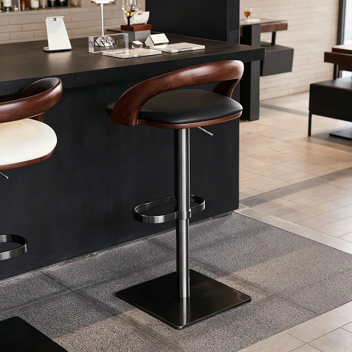 

Stainless Steel Bar Chair Modern Adjustable Height Barstools Swivel Black Minimalist Solid Wood Light Luxury High-end Bar Stool